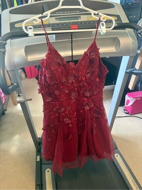 Teeze Me Deep Berry Floral Appliqué Spaghetti Strap Dress